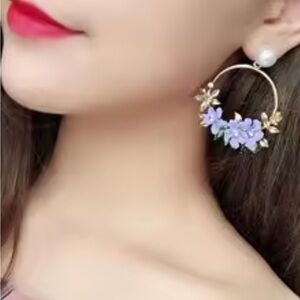 Fashion Jewelry Gold Floral Earrings with Lilac and Green Accents.